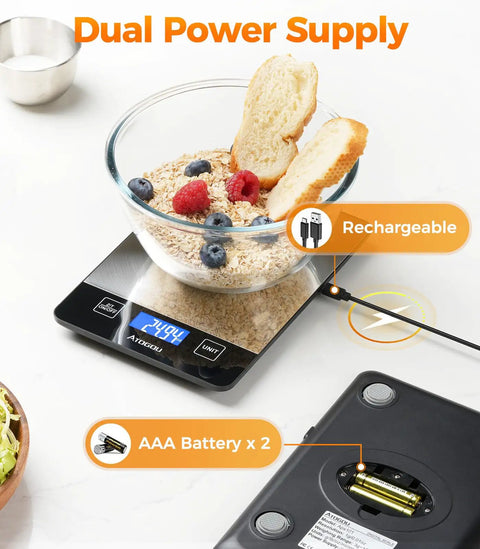 Digital Food Scale For Home Cooks, 33lb Capacity, 1g Precision, Pro Grade Readouts, Rechargeable USB C, shown with ingredients in bowl