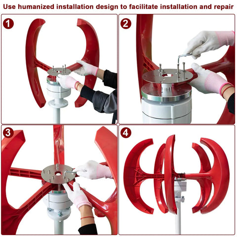 Installation process of 800W Rated Wind Turbine Kit With 1000W Peak Output, showing assembly of 5 red blades on generator.