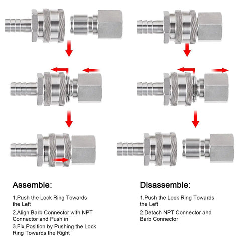 Assembly and disassembly instructions for Two Pack Quick Disconnects For Homebrewing 304 Stainless Steel One Half Inch Male FPT To Barb Female Connectors For Wort Transfer And Wort Chiller Hose Fittings Perfect For Your Brew Day Ball Valves And Beer Pumps.