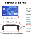 Dimensions of Black Zinc Alloy Cabinet Pull Handle With 3 Inch Hole Centers Stepped Design showing measurements and screws