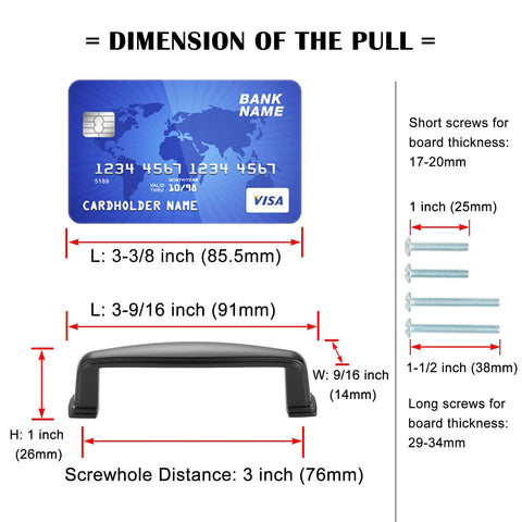 Dimensions of Black Zinc Alloy Cabinet Pull Handle With 3 Inch Hole Centers Stepped Design showing measurements and screws