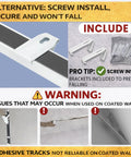 Self Adhesive Ceiling Curtain Track 10.9 Feet White No Screws No Drill Ceiling Mount Easy Peel And Stick Installation Works On Smooth Walls Curtain Track System For Drapes And Window Treatments shown with screw-install brackets and coated wall warning