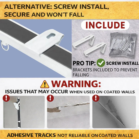 Self Adhesive Ceiling Curtain Track 10.9 Feet White No Screws No Drill Ceiling Mount Easy Peel And Stick Installation Works On Smooth Walls Curtain Track System For Drapes And Window Treatments shown with screw-install brackets and coated wall warning
