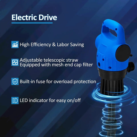 Heavy Duty Electric Drum Pump Transfers Diesel DEF And Light Oils Smooth As Butter Right Out Of 55 Gallon Drums Runs Clean On 120V AC Or 12V DC showing features like adjustable straws and LED indicator.
