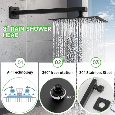 Heavy Duty Eight Inch Rain Shower Head And Matte Black Faucet Set Crafted From Solid Brass And Tough 304 Stainless Steel For A Smooth Non Clog Bathroom Setup That Runs Clean And Looks Fresh Every Day