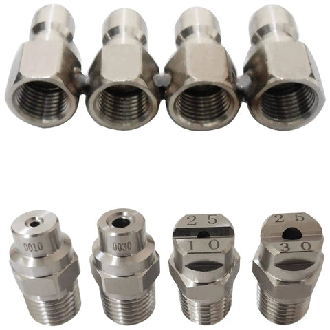 Four metal Four Way Pressure Washer Nozzle with One Fourth Inch Quick Connect for 4 GPM Units, various spray angles visible