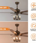 Farmhouse Ceiling Fan With Light And Remote Control 52 Inch Brown Industrial Style Ceiling Fan with Lights On and Off View