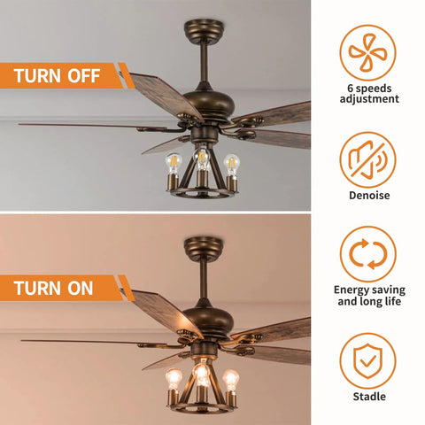 Farmhouse Ceiling Fan With Light And Remote Control 52 Inch Brown Industrial Style Ceiling Fan with Lights On and Off View