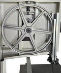 Close-up of Compact 10 Inch Bandsaw With Cast Iron Table And Steel Stand For DIY Woodworkers, showing wheel and tension mechanism.