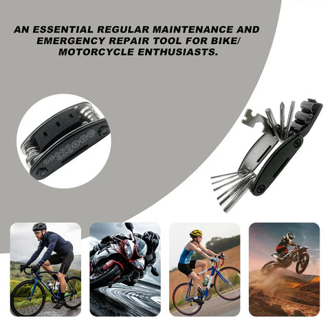 All In One Bike And Motorcycle Repair Tool Kit 16 In 1 Multi Tool with hex wrenches, screwdrivers, and compact design