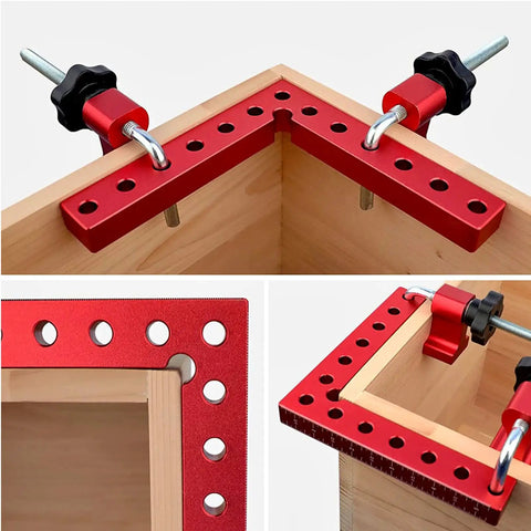 Right Angle Clamp 90 Degree Holder For Woodworking And Welding in use on wooden frame, precise corner clamping, red aluminum alloy