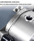 Detail of laser-engraved scale on Built Like A Tank CNC Indexing Head Assembly for precise milling adjustments.