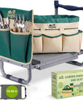 2-In-1 Garden Kneeler And Work Seat That Converts Between Kneeling And Sitting, shown with tool bag and color box.