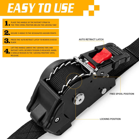 Tough Built Retractable Ratchet Straps For Heavy Duty Cargo Hauling Auto Retract Tie Downs One Inch By Eighteen Hundred Pound Break Strength Easy Pull And Go Hassle Free Storage Keeps Your Rig Locked And Loaded
