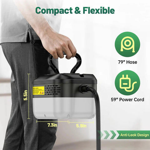 Primiorix 2500W Steam Cleaner Handheld High Temp Steamer With 15S Fast Heat Up for Grease Grime and Residue Removal, compact size with hose and power cord.