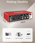 Beginner USB Audio Interface With 24Bit 192kHz Studio Grade Sound 48V Phantom Power in red metal case with packing items.