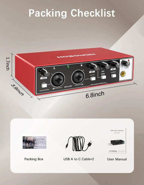 Beginner USB Audio Interface With 24Bit 192kHz Studio Grade Sound 48V Phantom Power in red metal case with packing items.