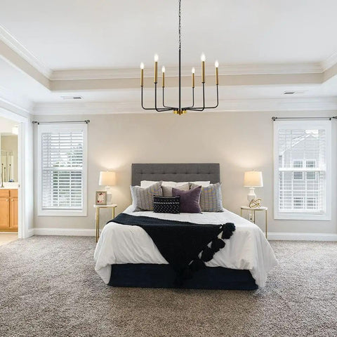 Bedroom with Black And Gold Modern Farmhouse 6 Light Chandelier With Rustic Industrial Metal Design For Dining Room Living Room Entryway And Kitchen Height Adjustable Ceiling Light Fixture
