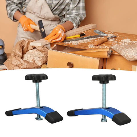 Awesome 2 Set Aluminum T Slot Clamps With M8 Handle For Woodworking, blue clamps on a workshop table with tools.