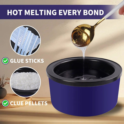 Top Shelf Premium Hot Melt Glue Pellets One Pound Pack Built For Everyday Crafts Delivers A Fast Melt Formula, showing glue pellets and glue sticks.