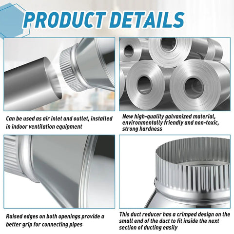6 Inch To 4 Inch Duct Reducer Galvanized Steel Air Duct Adapter Round Crimped Pipe Connector Fitting For HVAC Ventilation Systems