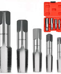 Professional NPT Pipe Tap Set 5 Piece Pro-Grade Carbon Steel, visible taps sizes 1/8 to 3/4 in with storage case