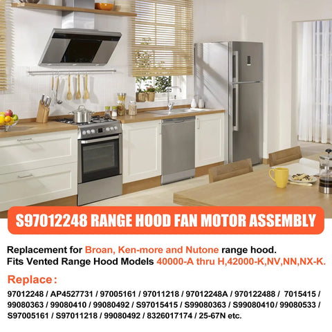 Modern kitchen with Range Hood Motor Replacement Kit 120V 60Hz 3000 1500 RPM Drop In Replacement, compatible with Nutone Broan hoods.