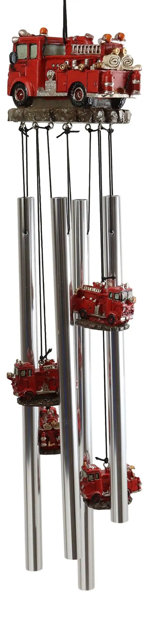 Red Fire Engine Wind Chime For Patio And Garden Decor Fire Fighter Theme Fire Truck Model With Hydrants 20 Inch Tall Resin Wind Chime