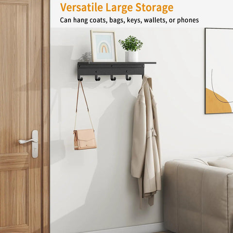 Wall Mounted Shelf With Five Metal Hooks, 17 Inch Coat Rack Organizer For Entryway, displaying coat and bag, black finish