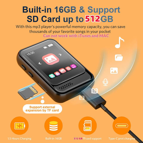 Bluetooth 5.3 Portable Music Player With Built In Speaker And Micro SD Slot Up To 512GB FM Radio Video Playback