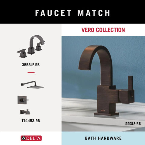 Delta Vero collection faucet set in Venetian Bronze, featuring modern design and wall-mount installation options for bathrooms.