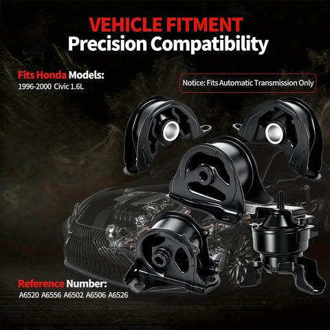 Straight Up Oem Fit Five Piece Engine And Transmission Mount Set For Honda Civic 1.6l Automatic 1996 To 2000 shown with vehicle fitment details.