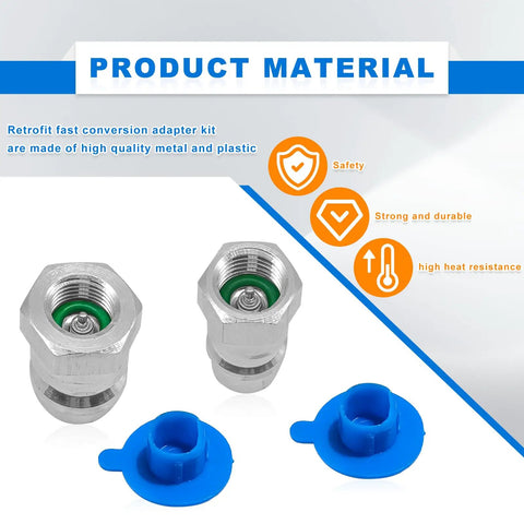R12 To R134A AC Conversion Kit With High And Low Side Fitting Adapters showing metal adapters and blue plastic caps