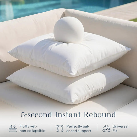 Outdoor Pillow Inserts 18x18 Pack Of 4 Waterproof Cushions stacked on patio furniture, showing water-resistant square design and microfiber fill.