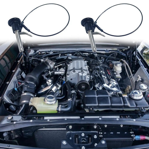 Two Pack 304 Stainless Steel Ball Locking Pins With Quick Release Push Button And 24 Cm Lanyard Cable, shown over a car engine