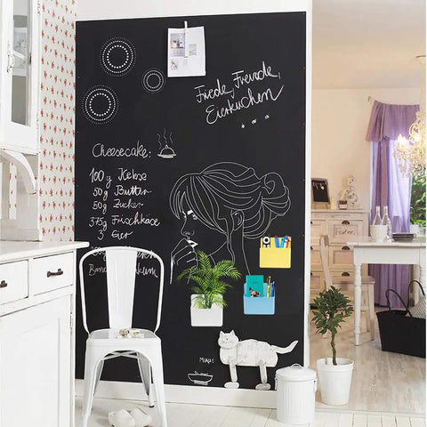 Room with blackboard wall, Magnetic Dry Erase Marker Holder And Pencil Cup For Whiteboards, Tough Magnets That Grip Metal Surfaces, Attaches to Office Fridges, Lockers, And Metal Cabinets, Adjustable Divider, 2 Pack in use.