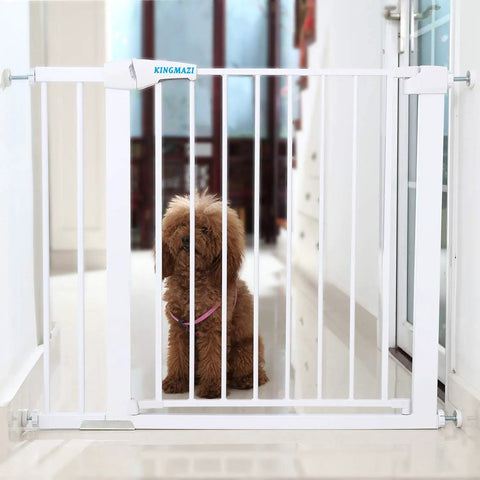 Heavy Duty Pet Safety Gate With Auto Close, Extra Tall And Wide 29.5 To 51.5 Inch Adjustable Range in hallway with a dog behind