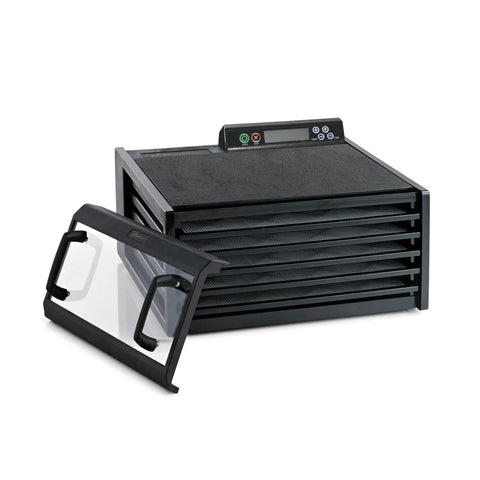 No Sweat Premium Electric Food Dehydrator With Clear Viewing Door And Five Stackable Trays showing trays and digital display.