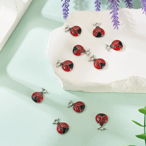 Must Have Enamel Ladybug Pendant Set 10 Pieces Zinc Alloy Charms With Red And Black Enamel 18.5x12.5mm Jewelry Making Supplies Hole Size 2mm Cute Flying Insect Charms For Necklaces And Bracelets