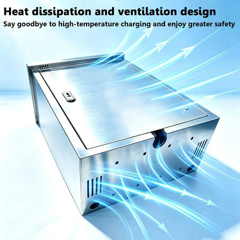 Heavy Duty Waterproof Stainless Steel EV Charger Lock Box Designed To Shield Your Plug From Elements With Rock Solid Wall Mount Security Housing showing heat dissipation and ventilation design.