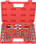 40 Piece Tap And Die Set With Metric M3 To M12 And SAE Sizes Pro Grade All In One Threading Kit displayed in red case