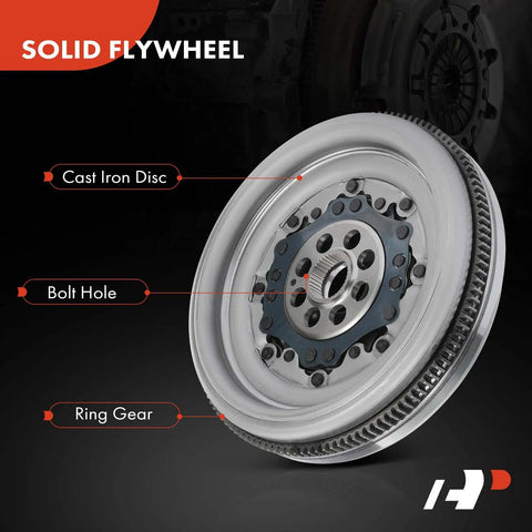 Heavy Duty Dual Mass Flywheel Plug And Play Swap Fits Audi A3 A3 Quattro And VW Jetta Cc Beetle Eos Gti 2 0L Engine Oem Replacement 06J10526, showing cast iron disc and bolt hole.