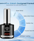 10 In One Nail Gel Glue Base Coat Brush On Nail Polish Glue 15ml bottle for tips and rhinestones with features highlighted.