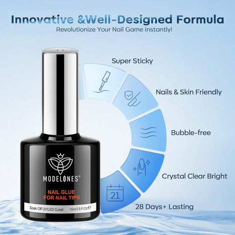 10 In One Nail Gel Glue Base Coat Brush On Nail Polish Glue 15ml bottle for tips and rhinestones with features highlighted.