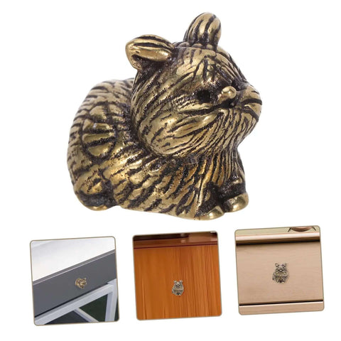 Cat Shaped Brass Cabinet Knobs Set For Kitchen Bedroom And Bath, Dope Vintage Animal Drawer Handles, close-up of cat knob design