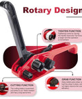 Heavy Duty Packaging Strapping Kit With Upgraded Steel Tensioner, showing rotary design tool with cutting and grab functions.