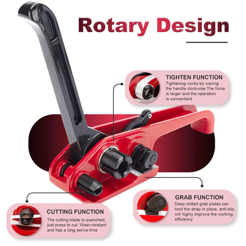 Heavy Duty Packaging Strapping Kit With Upgraded Steel Tensioner, showing rotary design tool with cutting and grab functions.
