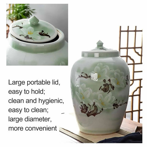 Total Pantry Flex That Keeps Grains Sealed Tight This Large Green Ceramic Rice Jar features a floral design and a large lid.