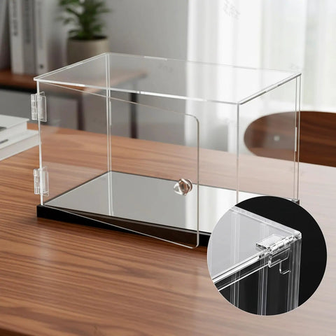 Clear Acrylic Self Adhesive Hinges 12 Pack 35 By 25 Mm For Crafts Cabinets Furniture Displays And Aquariums Transparent Continuous Folding Hinges For Easy Diy Projects with detail view of hinge on glass display case