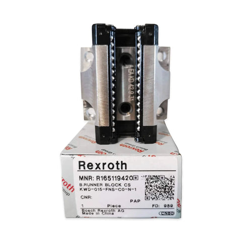 Single linear slide unit carriage R165119420 on box, precision guide block, front view, sealed ball bearing replacement part.